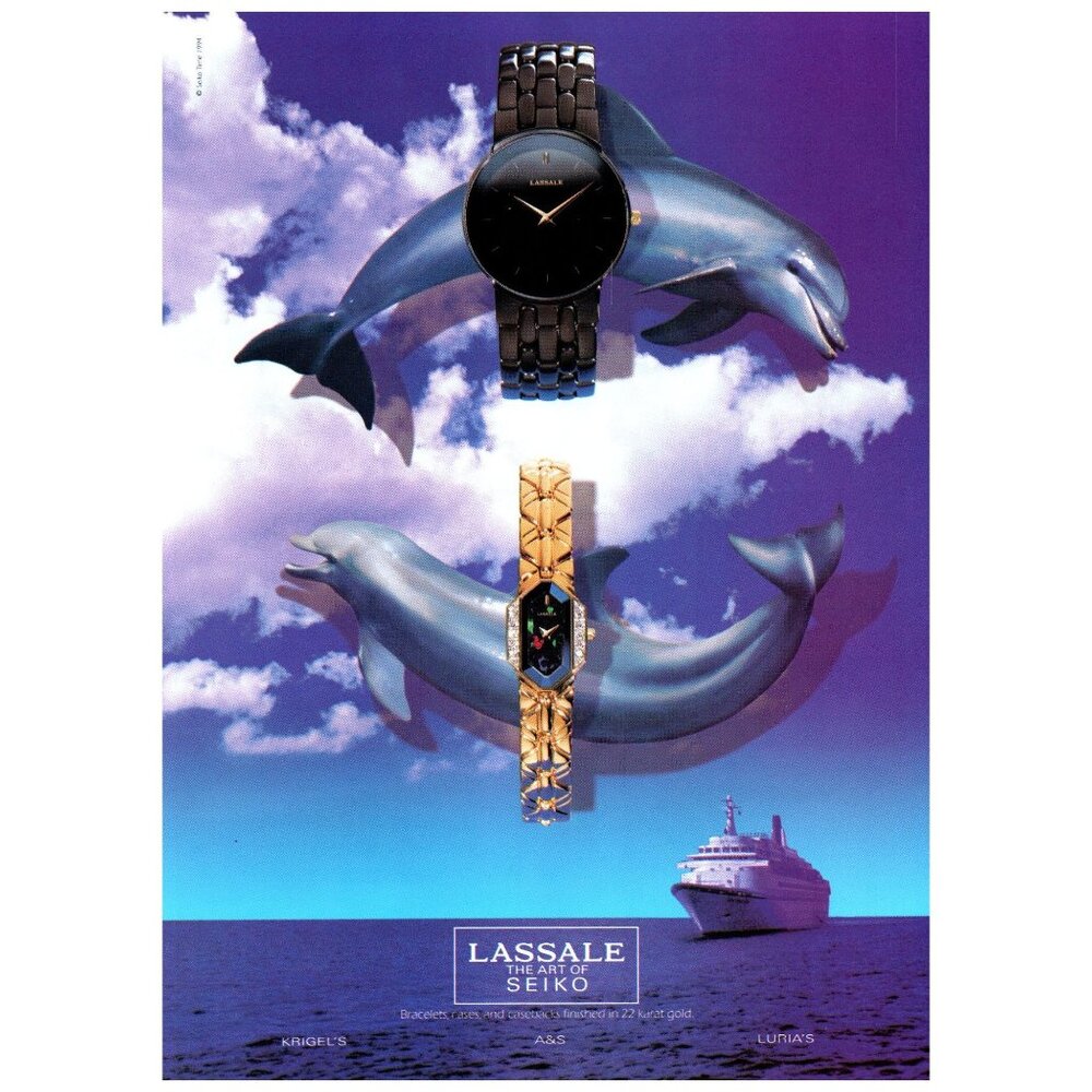 1994 Seiko Watch Lassale Vintage Print Ad Dolphins Cruise Ship Ocean Wall Art